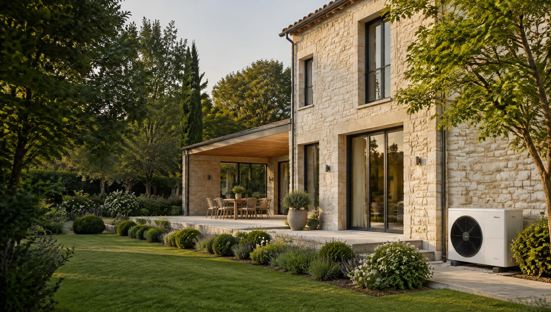 Illustration d’une maison avec une pompe à chaleur dans un jardin
